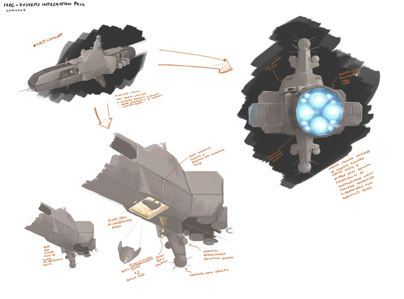 Concept sketches including boat bay and drive array (click for larger)
