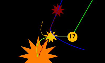 Above: The end game. Small stars are torp launches, dotted lines are torp trajectories.